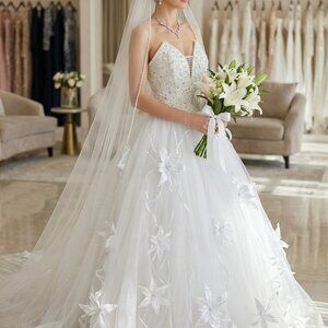 Luxurious Couture Embroidered Crystals Lilies Flowers Runway Wedding Dress Gown